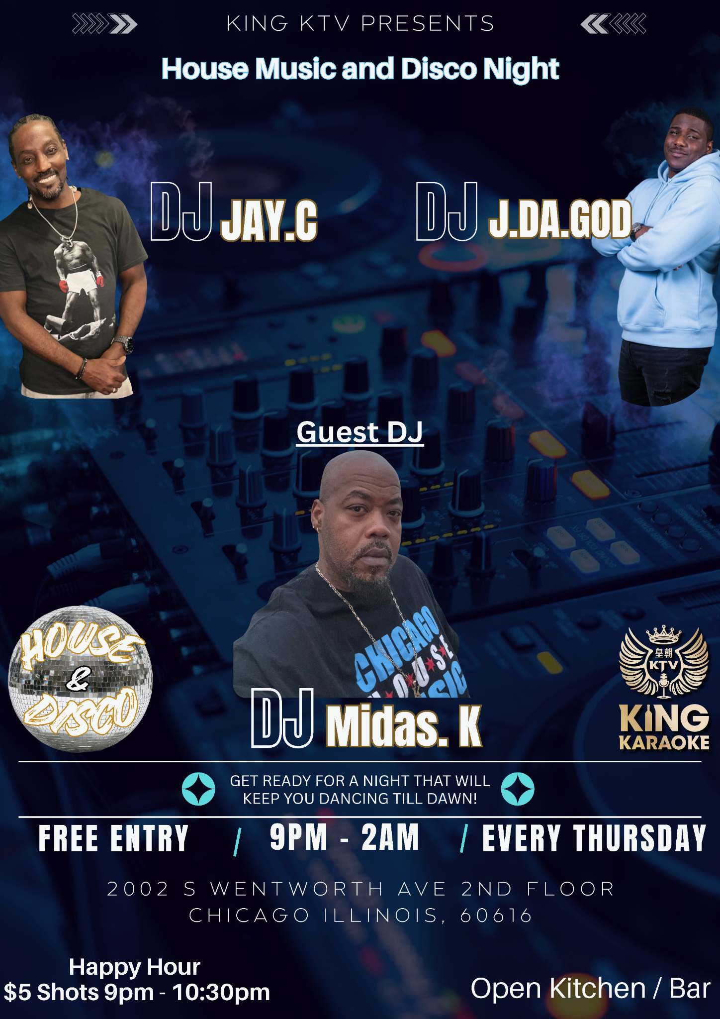 House Music and Disco Night flyer featuring DJ Jay.C, DJ J.Da.God, and guest DJ Midas. K at King Karaoke in Chicago